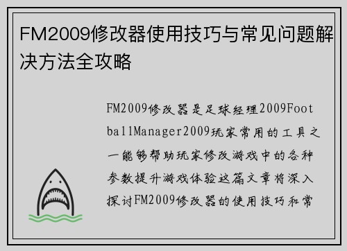 FM2009修改器使用技巧与常见问题解决方法全攻略
